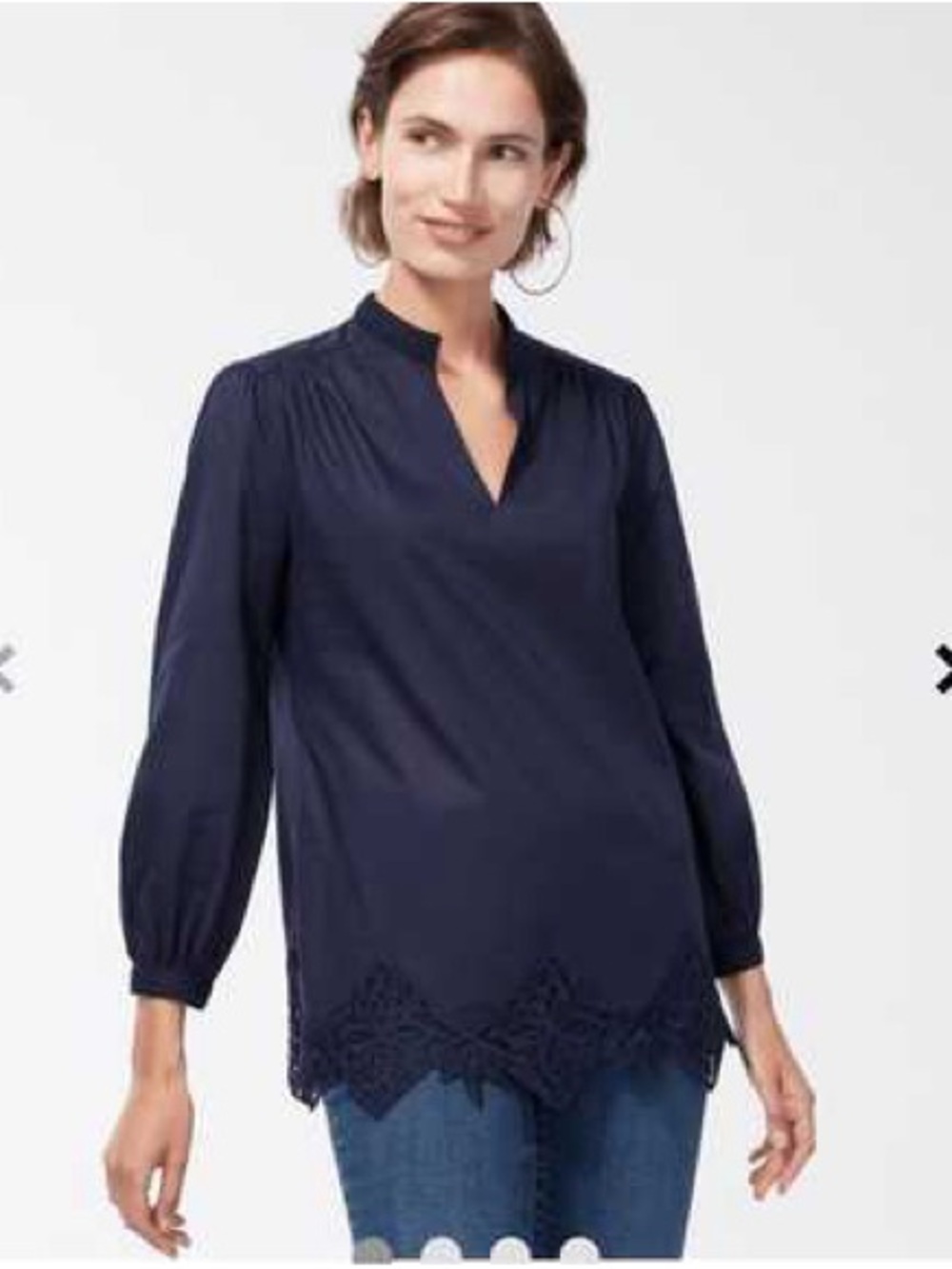 Chico’s Novelty Lace Hem Blouse Women's Navy Tunic Top Long Sleeve Size 14 NEW